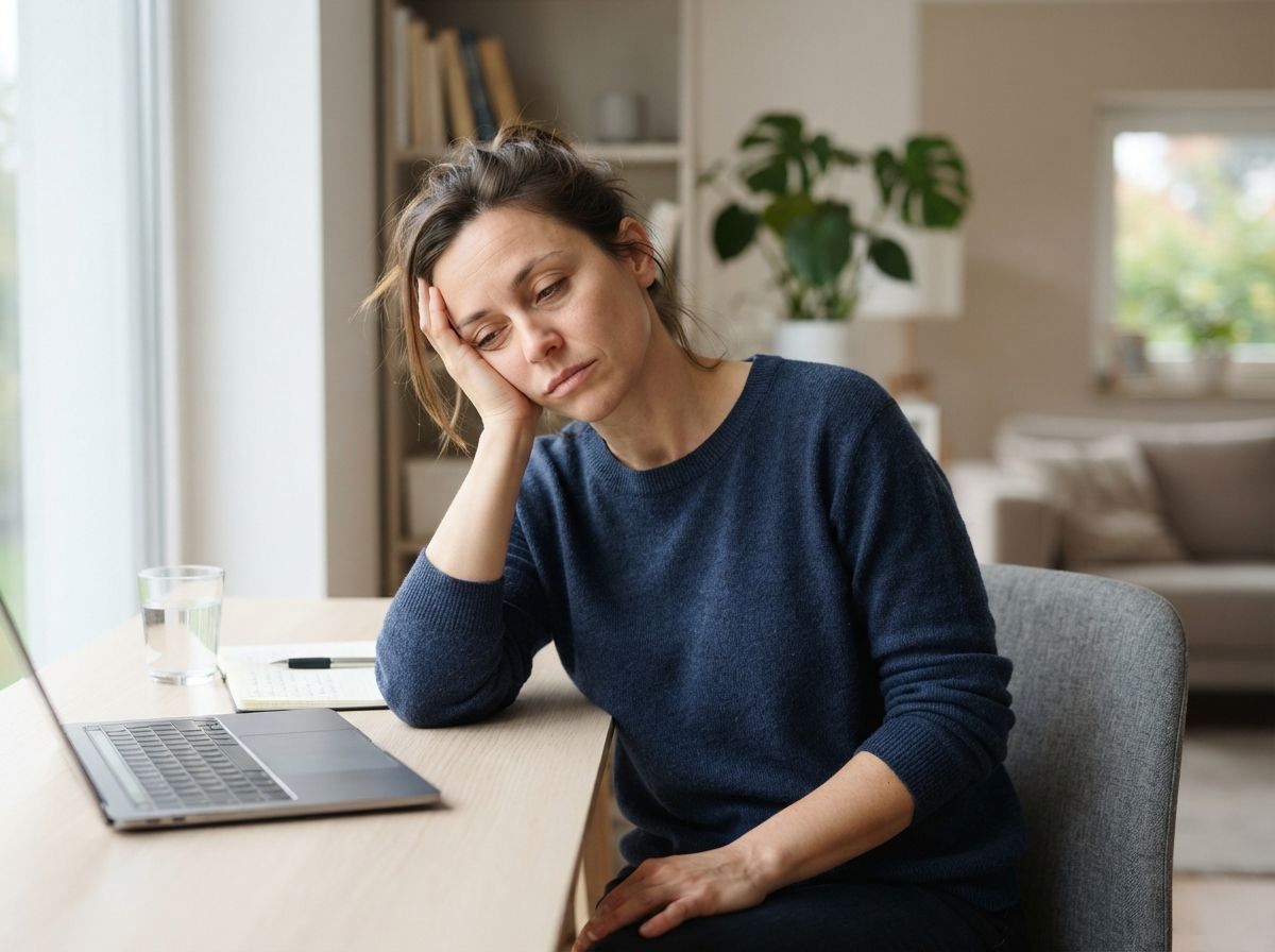 Лечение сонливости Уставшая женщина за ноутбуком